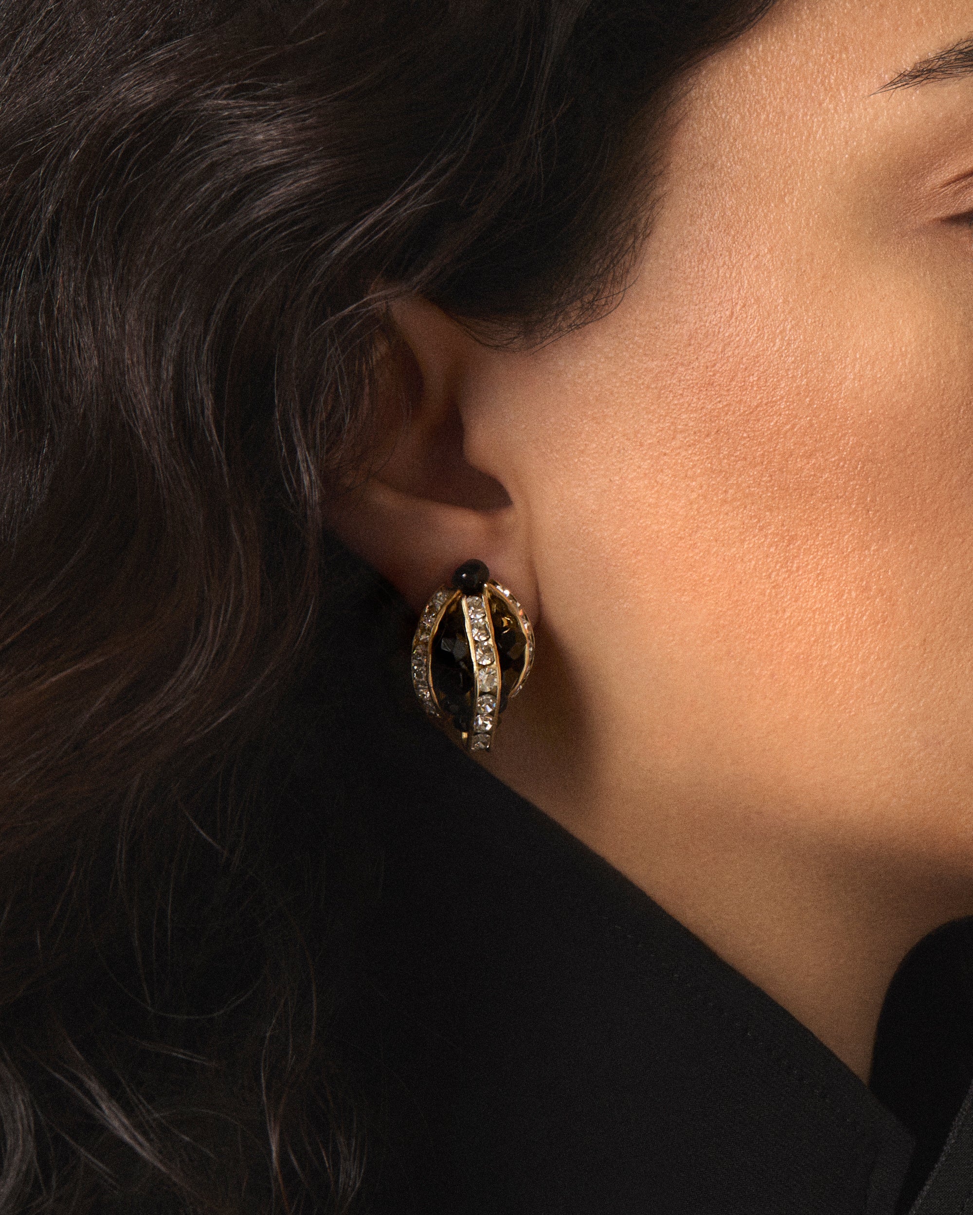Vintage Gold-Plated Earrings with Black Beads & Diamanté