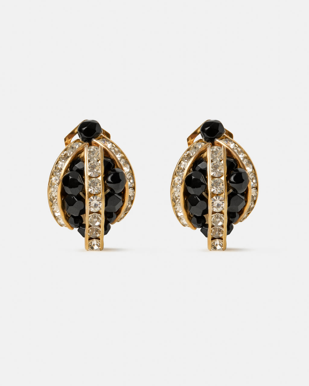 Vintage Gold-Plated Earrings with Black Beads & Diamanté