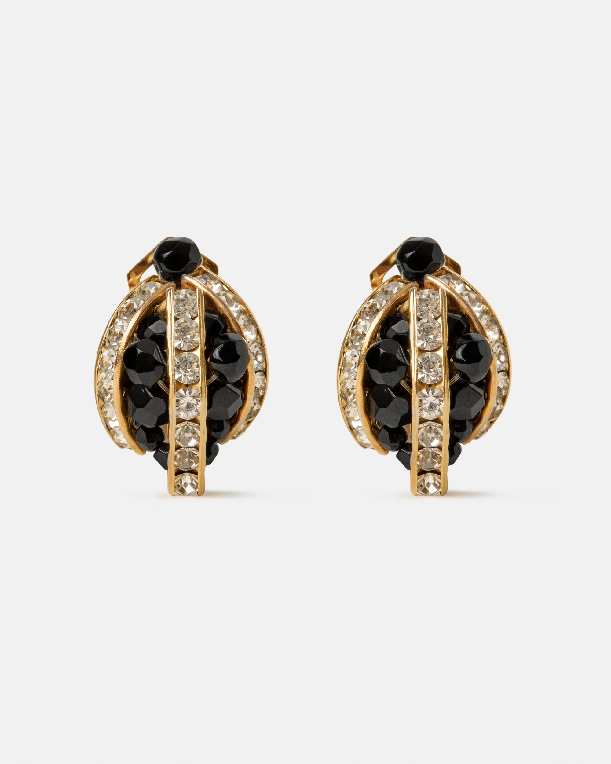 Vintage Gold-Plated Earrings with Black Beads & Diamanté